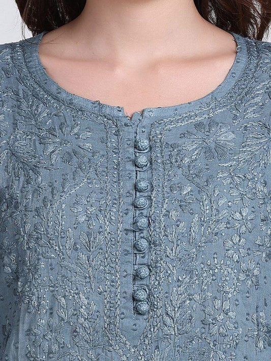 Chikankari Kurti Set Grey Cotton Co-ord, Hand Embroidered Top, Lucknowi Cotton Suit, Ethnic Indian Outfit, Desi Gift For Her