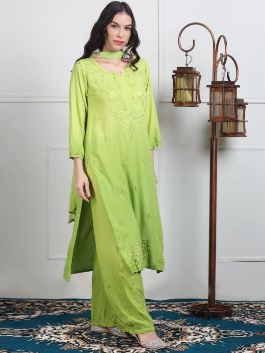 Ombre Chikankari Kurti Palazzo Dupatta Set | Handmade Rayon Cotton Chikan Embroidery Indian Ethnic Suit | Women Festive Wedding Co-ord Gift