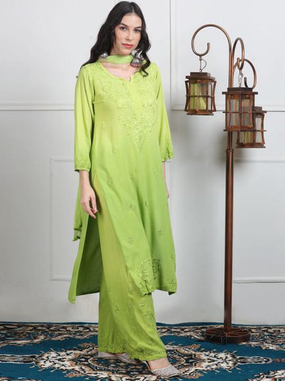 Ombre Chikankari Kurti Palazzo Dupatta Set | Handmade Rayon Cotton Chikan Embroidery Indian Ethnic Suit | Women Festive Wedding Co-ord Gift