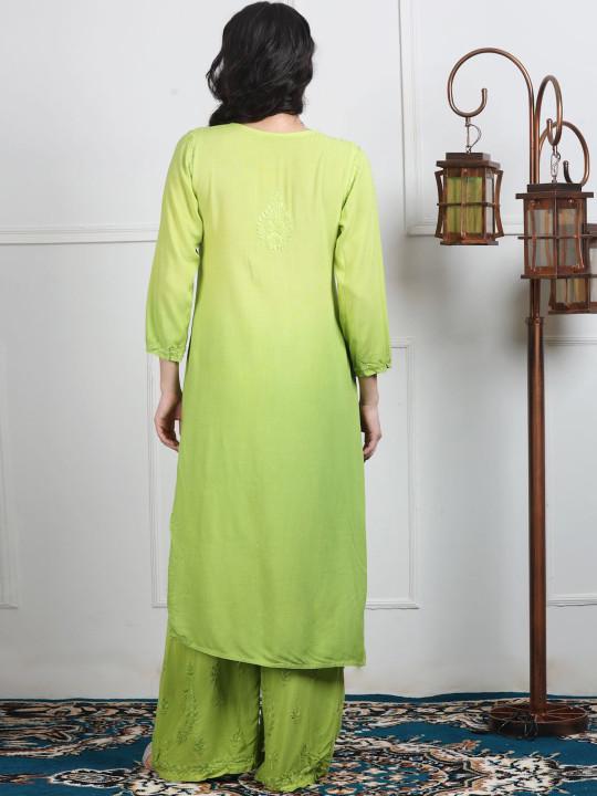 Ombre Chikankari Kurti Palazzo Dupatta Set | Handmade Rayon Cotton Chikan Embroidery Indian Ethnic Suit | Women Festive Wedding Co-ord Gift
