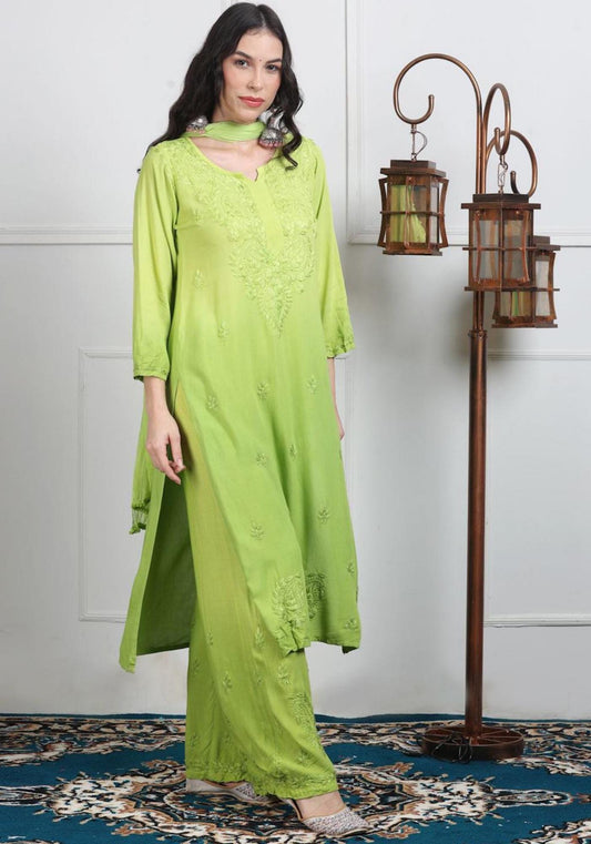 Ombre Chikankari Kurti Palazzo Dupatta Set | Handmade Rayon Cotton Chikan Embroidery Indian Ethnic Suit | Women Festive Wedding Co-ord Gift