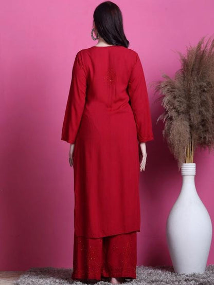 Authentic Handmade Lucknow Red Mukaish Chikankari Salwar Suit Traditional Festive Wear 2 Piece Set Kurti Palazzo Plus Size Ethnic Outfit