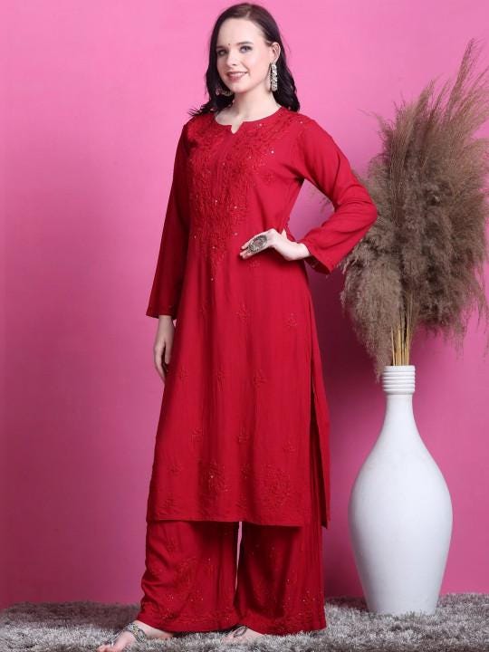Authentic Handmade Lucknow Red Mukaish Chikankari Salwar Suit Traditional Festive Wear 2 Piece Set Kurti Palazzo Plus Size Ethnic Outfit