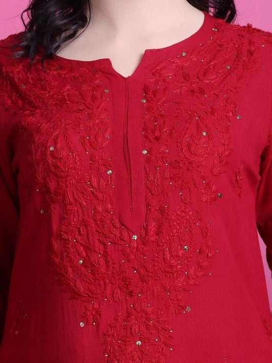 Authentic Handmade Lucknow Red Mukaish Chikankari Salwar Suit Traditional Festive Wear 2 Piece Set Kurti Palazzo Plus Size Ethnic Outfit