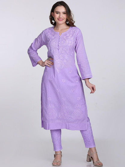 Handmade Lucknow Chikankari 3 Piece Set Dobby Cotton Kurti 46 Inch Length 3/4 Sleeve Stretchable Lycra Trouser Pockets Plus Size Ethnic Suit