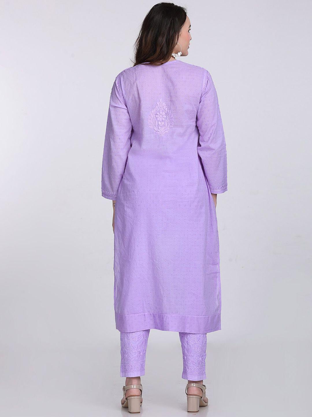 Handmade Lucknow Chikankari 3 Piece Set Dobby Cotton Kurti 46 Inch Length 3/4 Sleeve Stretchable Lycra Trouser Pockets Plus Size Ethnic Suit