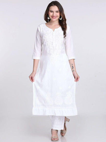 Handmade Lucknow Chikankari 3 Piece Set Dobby Cotton Kurti 46 Inch Length 3/4 Sleeve Stretchable Lycra Trouser Pockets Plus Size Ethnic Suit