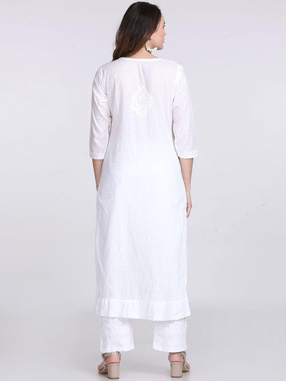 Handmade Lucknow Chikankari 3 Piece Set Dobby Cotton Kurti 46 Inch Length 3/4 Sleeve Stretchable Lycra Trouser Pockets Plus Size Ethnic Suit