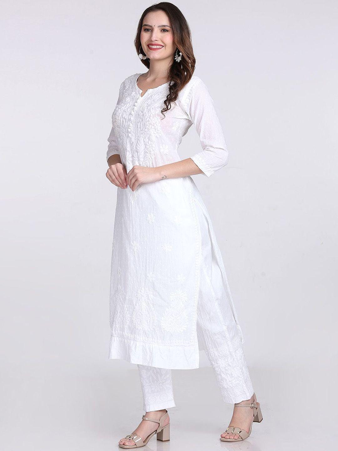 Handmade Lucknow Chikankari 3 Piece Set Dobby Cotton Kurti 46 Inch Length 3/4 Sleeve Stretchable Lycra Trouser Pockets Plus Size Ethnic Suit