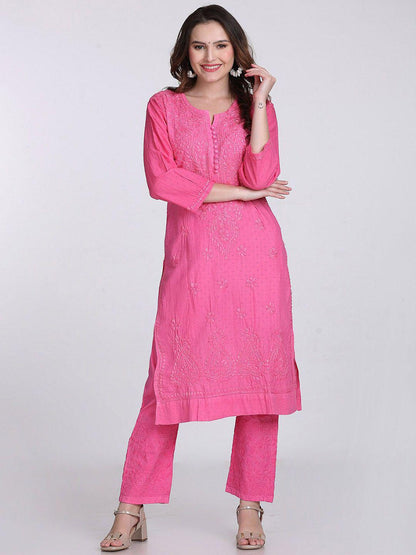 Handmade Lucknow Chikankari 3 Piece Set Dobby Cotton Pink Kurti 46 Inch Length Stretchable Lycra Trouser Pockets Plus Size Ethnic Suit