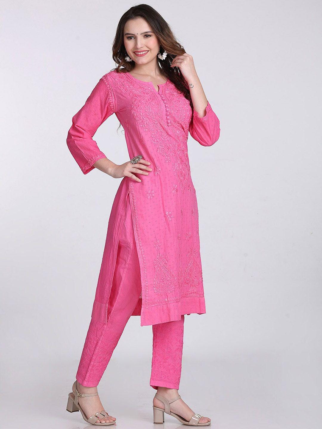 Handmade Lucknow Chikankari 3 Piece Set Dobby Cotton Pink Kurti 46 Inch Length Stretchable Lycra Trouser Pockets Plus Size Ethnic Suit