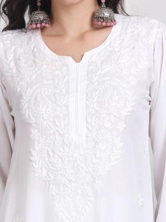 White Chikankari Kurti Palazzo Dupatta Set | Handmade Rayon Cotton Chikan Embroidery Indian Ethnic Suit | Women Festive Wedding Co-ord Gift