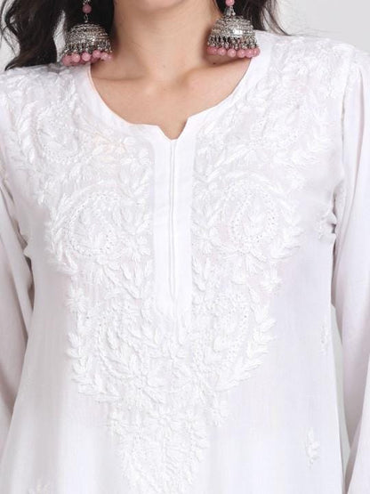 White Chikankari Kurti Palazzo Dupatta Set | Handmade Rayon Cotton Chikan Embroidery Indian Ethnic Suit | Women Festive Wedding Co-ord Gift