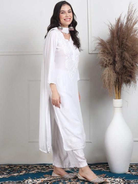 White Chikankari Kurti Palazzo Dupatta Set | Handmade Rayon Cotton Chikan Embroidery Indian Ethnic Suit | Women Festive Wedding Co-ord Gift