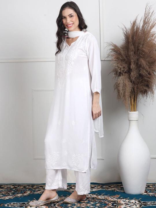 White Chikankari Kurti Palazzo Dupatta Set | Handmade Rayon Cotton Chikan Embroidery Indian Ethnic Suit | Women Festive Wedding Co-ord Gift