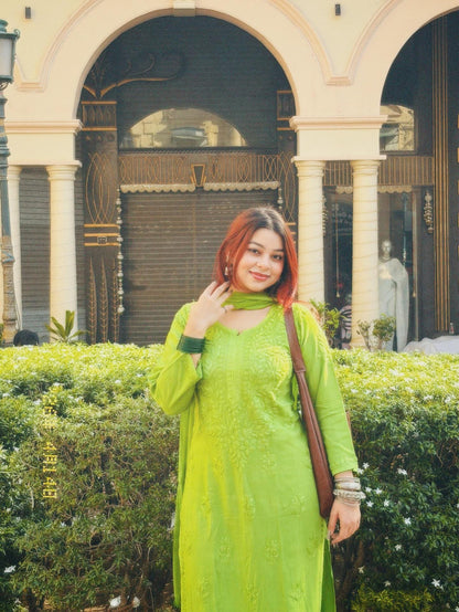 Authentic Handmade Lucknowi Chikankari Set Henna Green Rayon Cotton Soft Breathable Kurta Palazzo Dupatta Traditional Festive Salwar Suit