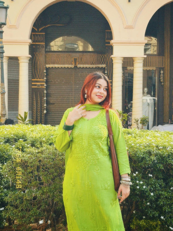Authentic Handmade Lucknowi Chikankari Set Henna Green Rayon Cotton Soft Breathable Kurta Palazzo Dupatta Traditional Festive Salwar Suit