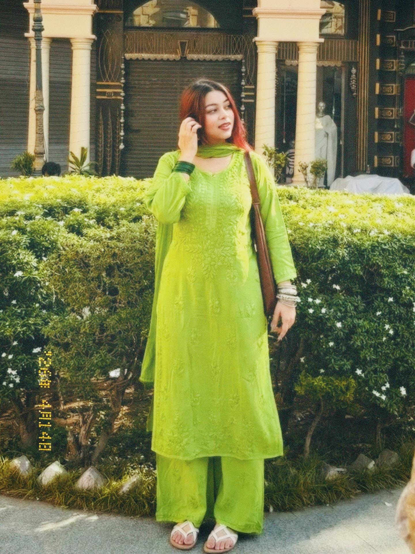 Authentic Handmade Lucknowi Chikankari Set Henna Green Rayon Cotton Soft Breathable Kurta Palazzo Dupatta Traditional Festive Salwar Suit
