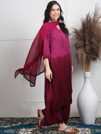 Wine Chikankari Kurti Palazzo Dupatta Set | Handmade Rayon Cotton Chikan Embroidery Indian Ethnic Suit | Women Festive Wedding Co-ord Gift