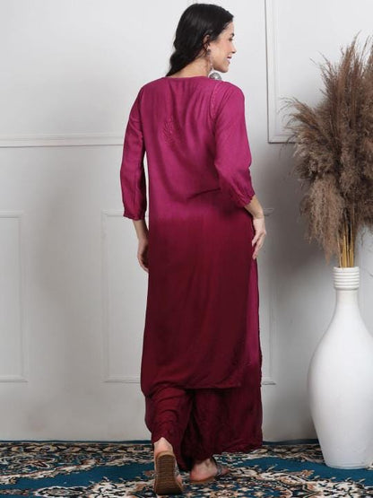Wine Chikankari Kurti Palazzo Dupatta Set | Handmade Rayon Cotton Chikan Embroidery Indian Ethnic Suit | Women Festive Wedding Co-ord Gift