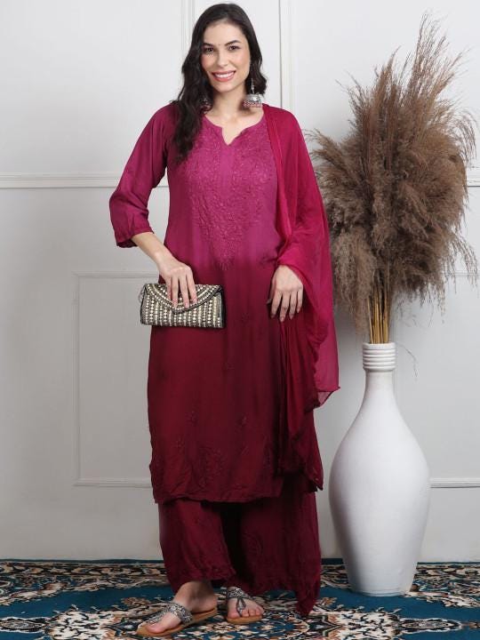 Wine Chikankari Kurti Palazzo Dupatta Set | Handmade Rayon Cotton Chikan Embroidery Indian Ethnic Suit | Women Festive Wedding Co-ord Gift