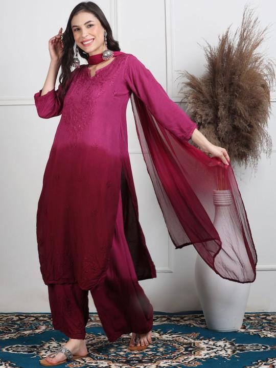 Wine Chikankari Kurti Palazzo Dupatta Set | Handmade Rayon Cotton Chikan Embroidery Indian Ethnic Suit | Women Festive Wedding Co-ord Gift