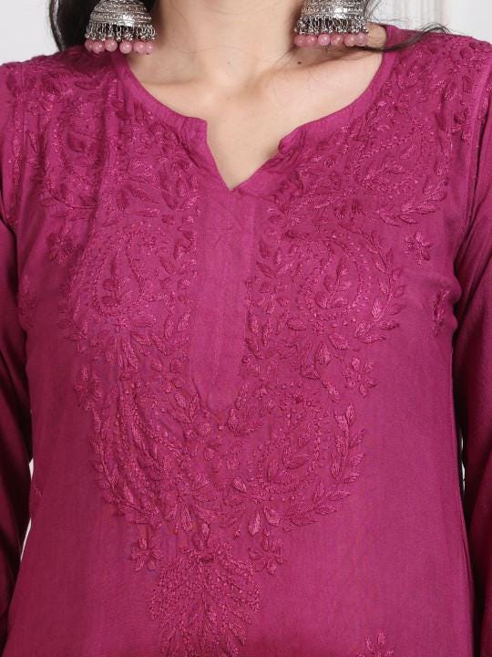 Wine Chikankari Kurti Palazzo Dupatta Set | Handmade Rayon Cotton Chikan Embroidery Indian Ethnic Suit | Women Festive Wedding Co-ord Gift