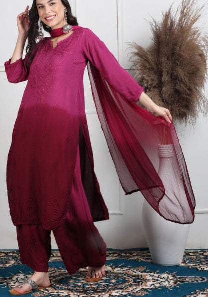 Wine Chikankari Kurti Palazzo Dupatta Set | Handmade Rayon Cotton Chikan Embroidery Indian Ethnic Suit | Women Festive Wedding Co-ord Gift