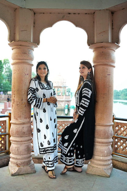 Handmade Chikankari Co-ord Set Black White Butter Soft Modal Kurti Palazzo Set Plus Size Indian Ethnic Wear Luxury Women Suit