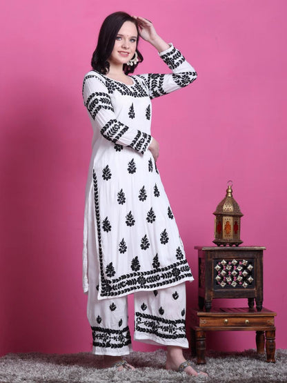 Handmade Chikankari Co-ord Set Black White Butter Soft Modal Kurti Palazzo Set Plus Size Indian Ethnic Wear Luxury Women Suit