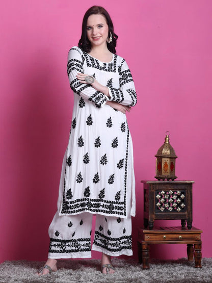 Handmade Chikankari Co-ord Set Black White Butter Soft Modal Kurti Palazzo Set Plus Size Indian Ethnic Wear Luxury Women Suit