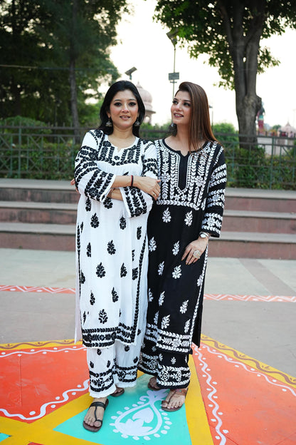 Handmade Chikankari Co-ord Set Black White Butter Soft Modal Kurti Palazzo Set Plus Size Indian Ethnic Wear Luxury Women Suit