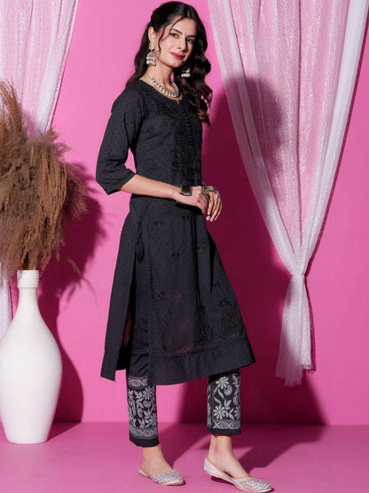 Black Chikankari Cotton Kurti Pant Set | Handmade Lucknowi Chikan Embroidery 2Pc Indian Ethnic Suit | Women Kurta Co-ord Set Gift Her