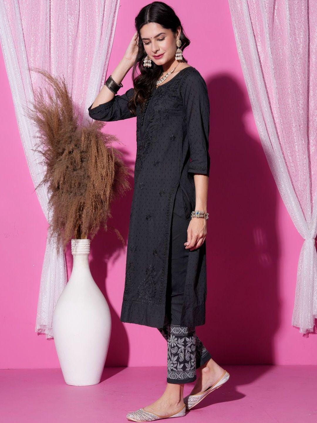 Black Chikankari Cotton Kurti Pant Set | Handmade Lucknowi Chikan Embroidery 2Pc Indian Ethnic Suit | Women Kurta Co-ord Set Gift Her