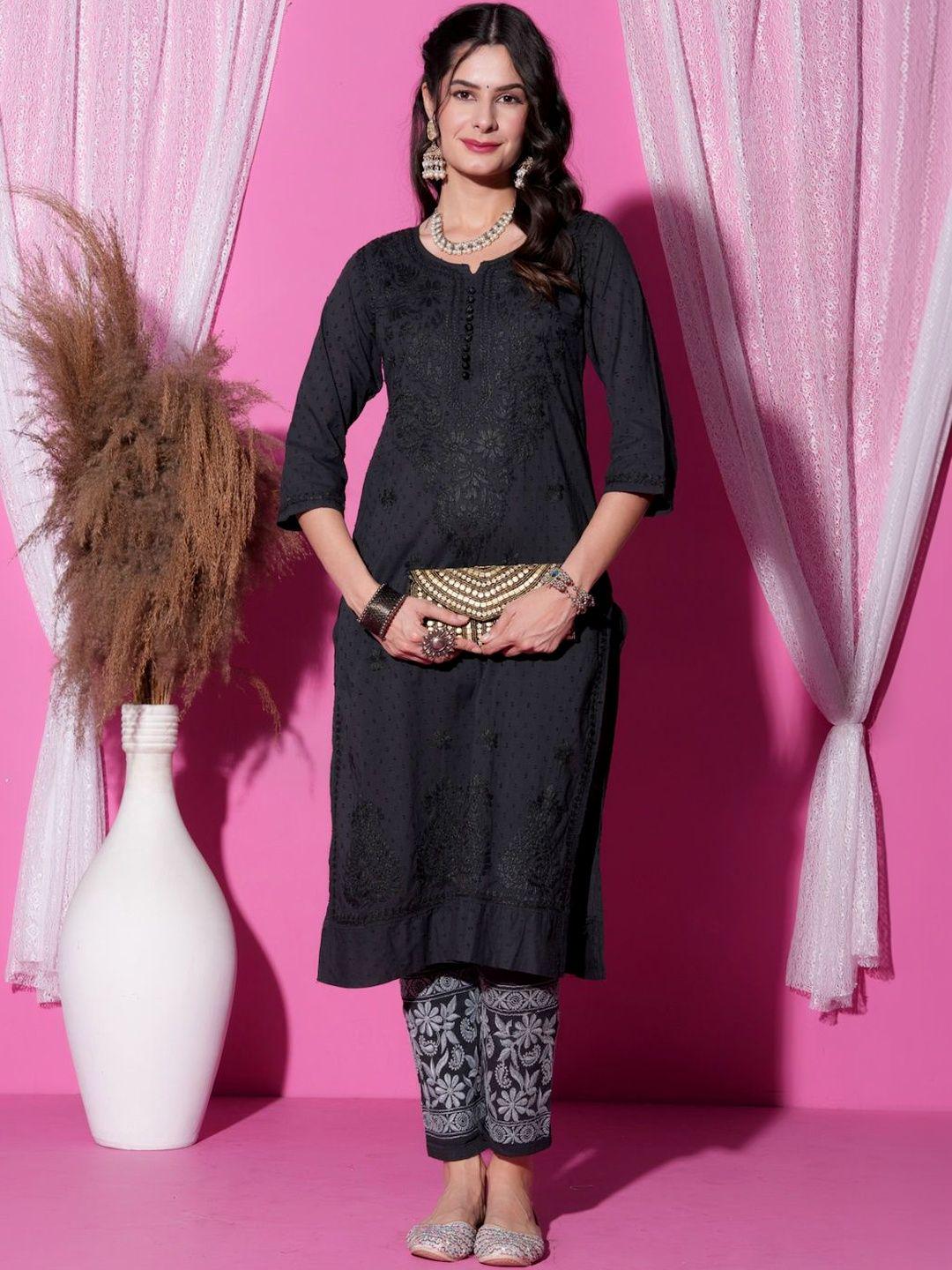 Black Chikankari Cotton Kurti Pant Set | Handmade Lucknowi Chikan Embroidery 2Pc Indian Ethnic Suit | Women Kurta Co-ord Set Gift Her