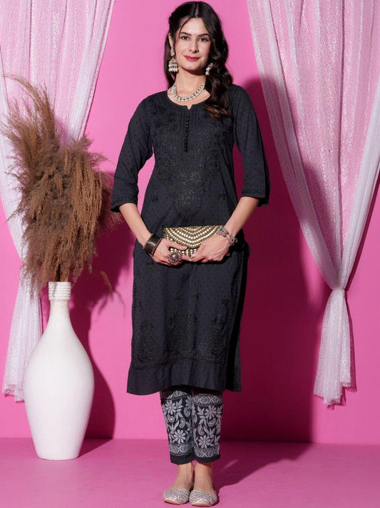 Black Chikankari Cotton Kurti Pant Set | Handmade Lucknowi Chikan Embroidery 2Pc Indian Ethnic Suit | Women Kurta Co-ord Set Gift Her
