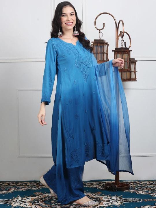 Ombre Chikankari Kurti Palazzo Dupatta Set | Handmade Rayon Cotton Chikan Embroidery Indian Ethnic Suit | Women Festive Wedding Co-ord Gift