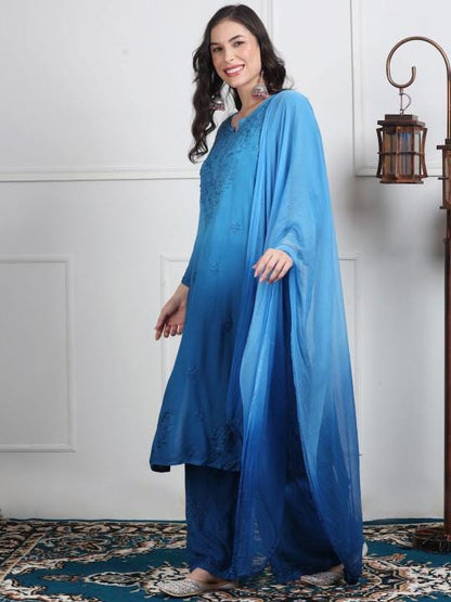 Ombre Chikankari Kurti Palazzo Dupatta Set | Handmade Rayon Cotton Chikan Embroidery Indian Ethnic Suit | Women Festive Wedding Co-ord Gift