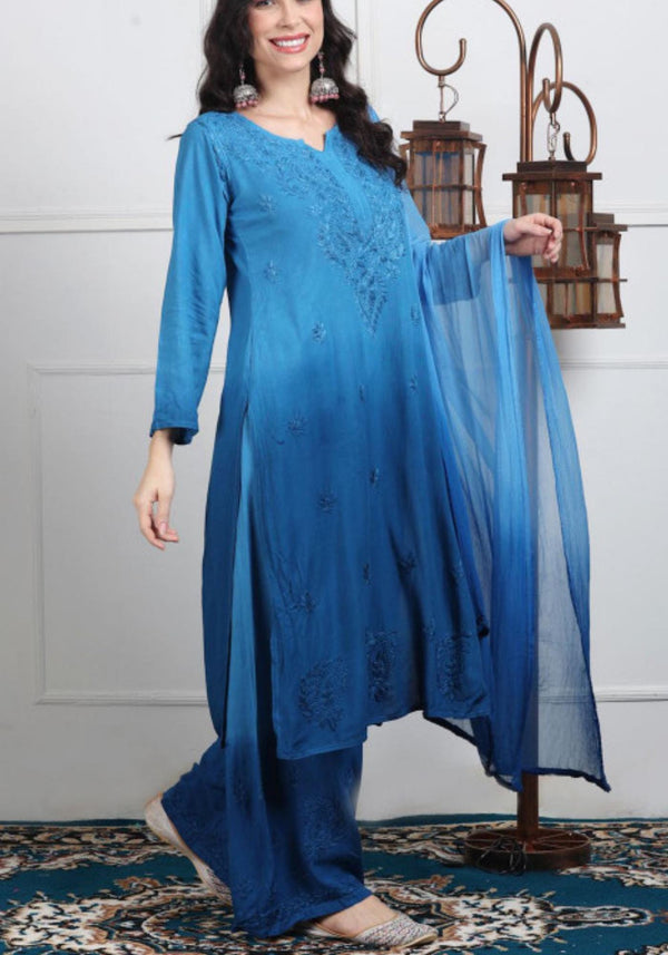 Ombre Chikankari Kurti Palazzo Dupatta Set | Handmade Rayon Cotton Chikan Embroidery Indian Ethnic Suit | Women Festive Wedding Co-ord Gift