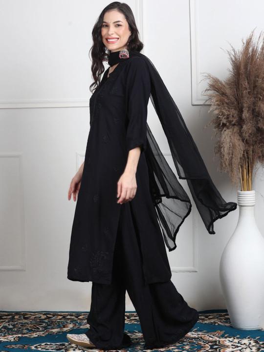 Black Chikankari Kurti Palazzo Dupatta Set | Handmade Rayon Cotton Chikan Embroidery Indian Ethnic Suit | Women Festive Wedding Co-ord Gift