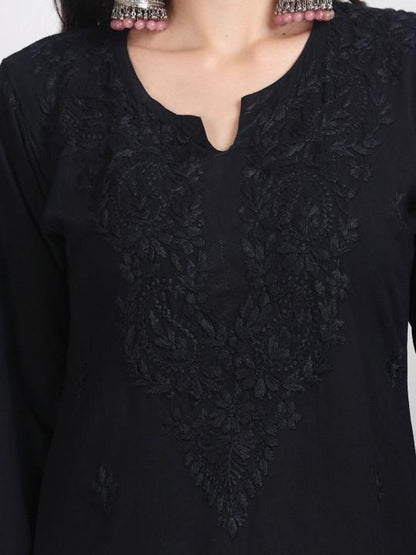 Black Chikankari Kurti Palazzo Dupatta Set | Handmade Rayon Cotton Chikan Embroidery Indian Ethnic Suit | Women Festive Wedding Co-ord Gift
