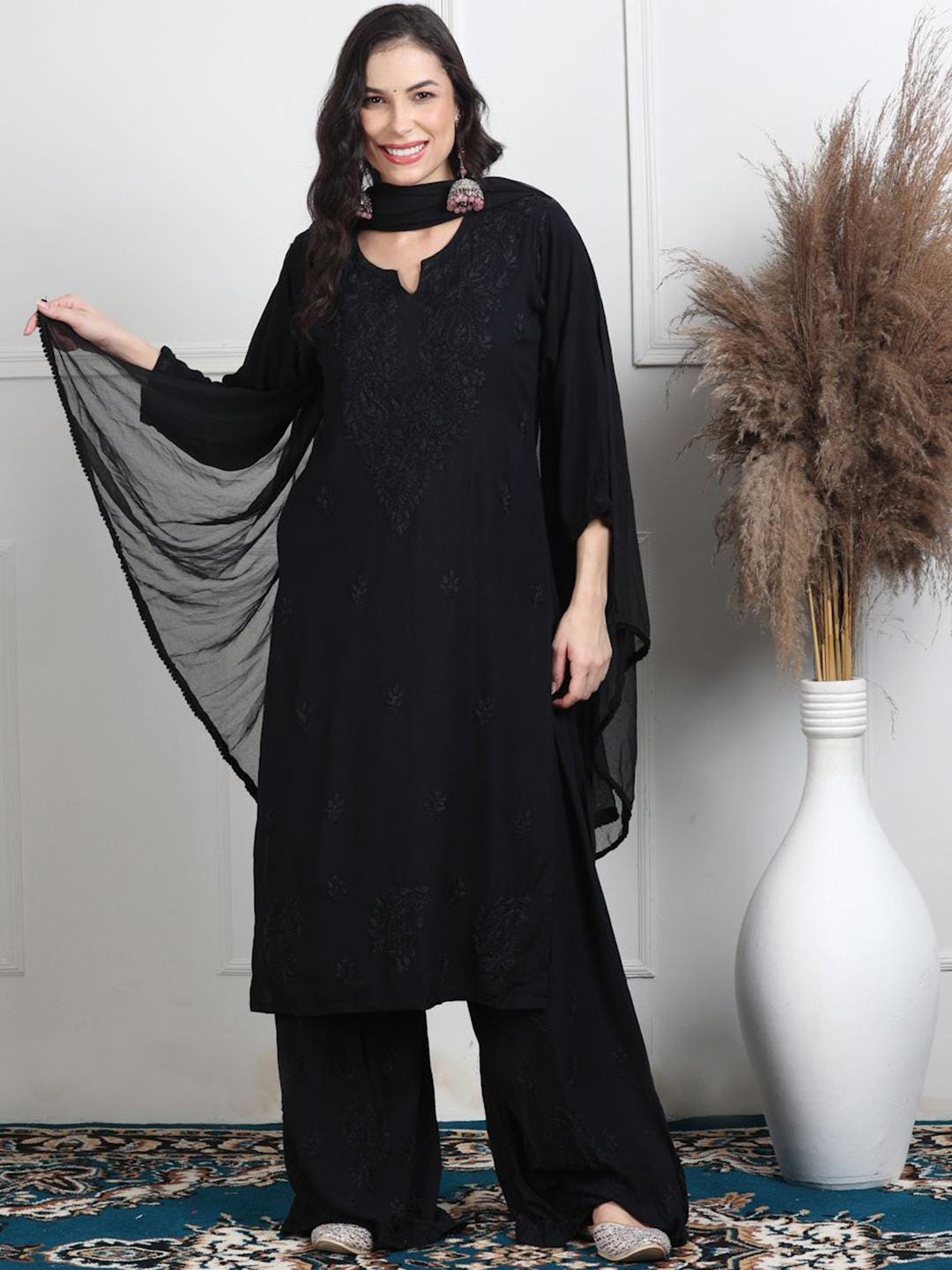 Black Chikankari Kurti Palazzo Dupatta Set | Handmade Rayon Cotton Chikan Embroidery Indian Ethnic Suit | Women Festive Wedding Co-ord Gift