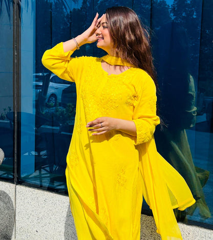 Authentic Handmade Lucknowi Chikankari 3 Piece Set Yellow Rayon Kurti Palazzo Chiffon Dupatta Intricate Embroidery Indian Salwar Suit Women