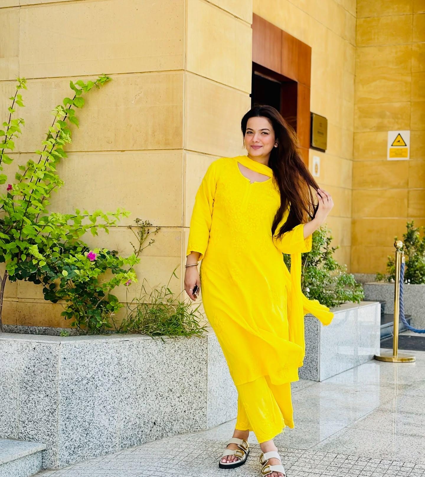 Authentic Handmade Lucknowi Chikankari 3 Piece Set Yellow Rayon Kurti Palazzo Chiffon Dupatta Intricate Embroidery Indian Salwar Suit Women