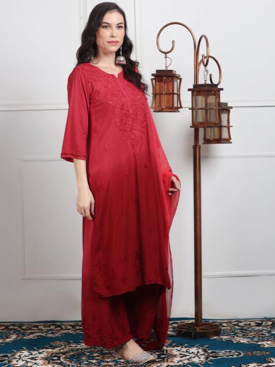Red Chikankari Kurti Palazzo Dupatta Set | Handmade Rayon Cotton Chikan Embroidery Indian Ethnic Suit | Women Festive Wedding Co-ord Gift