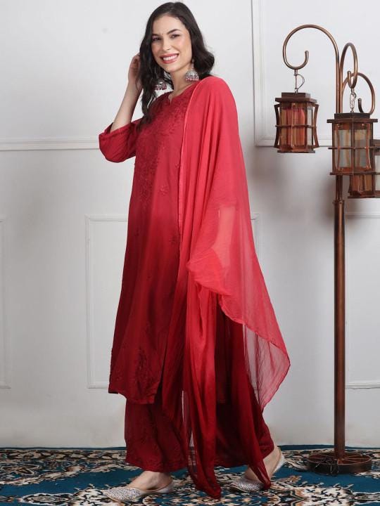 Red Chikankari Kurti Palazzo Dupatta Set | Handmade Rayon Cotton Chikan Embroidery Indian Ethnic Suit | Women Festive Wedding Co-ord Gift