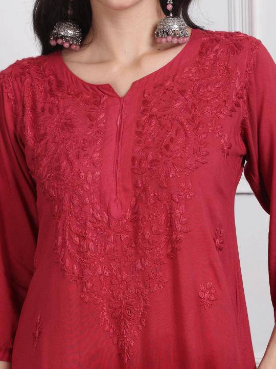 Red Chikankari Kurti Palazzo Dupatta Set | Handmade Rayon Cotton Chikan Embroidery Indian Ethnic Suit | Women Festive Wedding Co-ord Gift