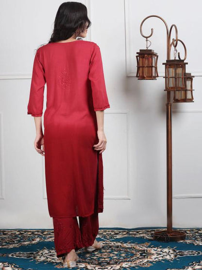 Red Chikankari Kurti Palazzo Dupatta Set | Handmade Rayon Cotton Chikan Embroidery Indian Ethnic Suit | Women Festive Wedding Co-ord Gift