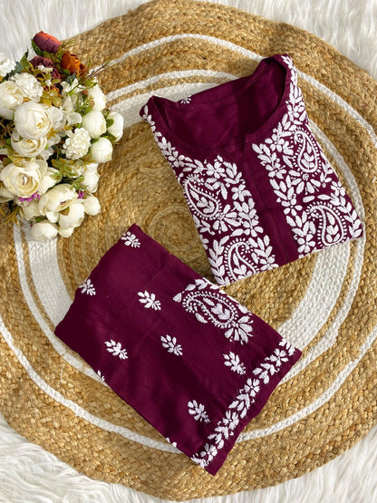 Handmade Lucknow Chikankari Co-ord Set Summer Breathable Rayon Kurti Palazzo Set Plus Size Traditional Salwar Suit Lightweight