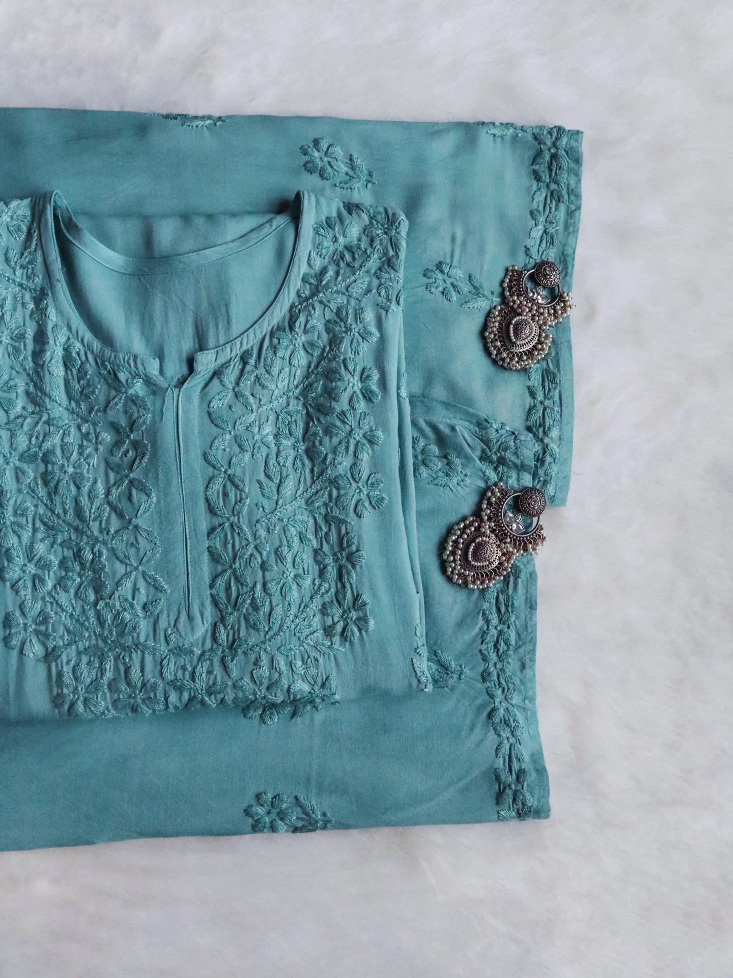 Handmade Lucknowi Chikankari Set Pink Rayon Kurti Palazzo Shadow Work Embroidery Traditional Indian Salwar Kameez Pakistani Suit Eid